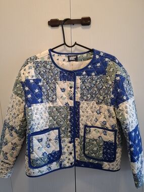 NEW Lands' End Quilted Patchwork Jacket in Blue and White